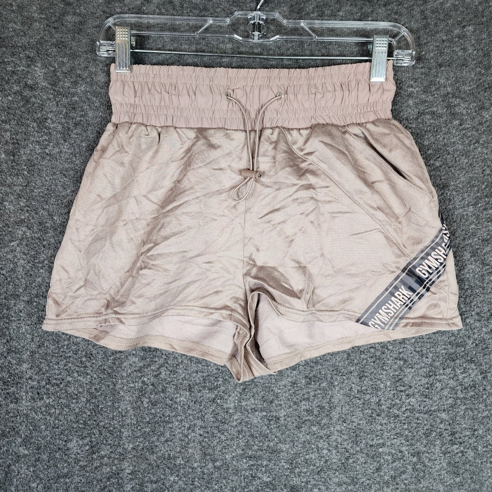 Gymshark Shorts Womens XS Taupe Mauve Logo Tape Smocked Waist High Rise EUC